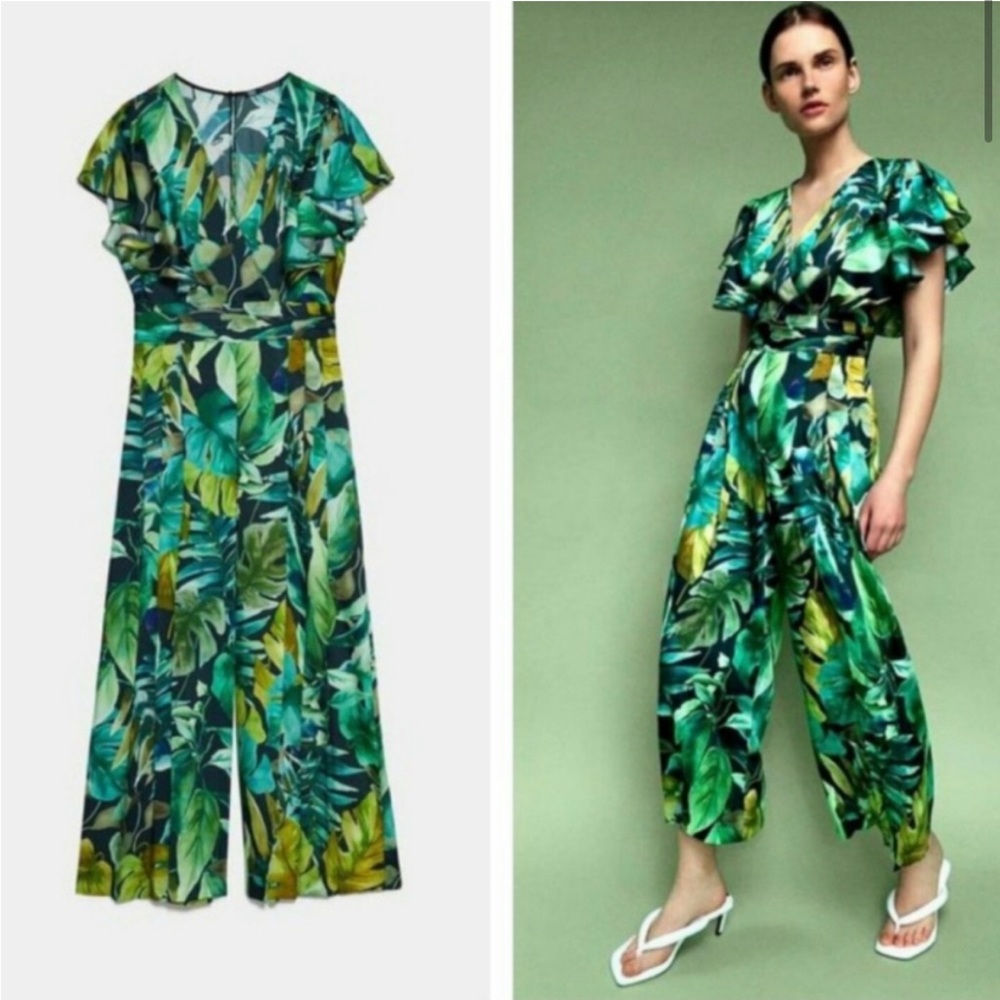 Zara Green Leaf Print Wide Leg Jumpsuit